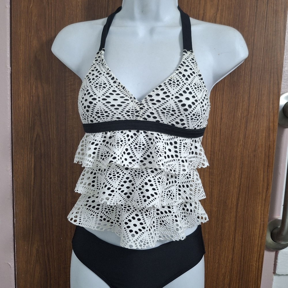 Black and White Ruffled Swimsuit